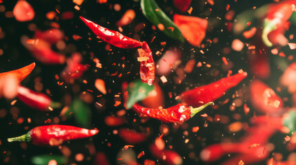 Aufkleber - Spicy concept with falling red chili flakes and peppers for culinary design