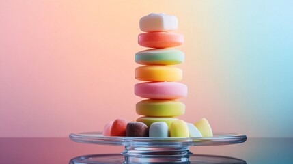 Poster - Tower of stacked marzipan sweets, carefully arranged like a modernist sculpture, placed on a glass plate against a futuristic gradient background