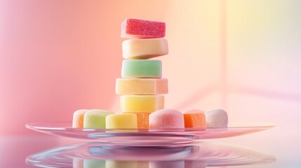 Poster - Tower of stacked marzipan sweets, carefully arranged like a modernist sculpture, placed on a glass plate against a futuristic gradient background