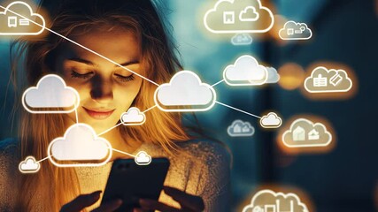 Poster - Caucasian woman using smartphone with cloud icons in evening outdoor setting, cloud icons over caucasian woman using smartphone