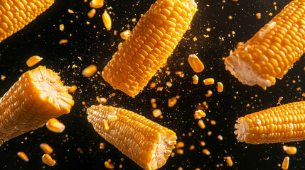Poster - Dynamic falling corn cobs on dark background for autumn harvest design