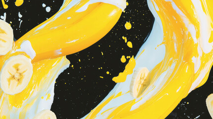 Aufkleber - Creative pattern of falling sliced bananas with vibrant yellow splash for fresh background design