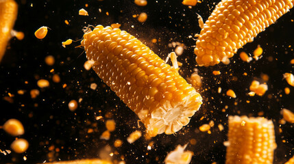 Aufkleber - Dynamic display of falling sliced corn cobs against yellow background
