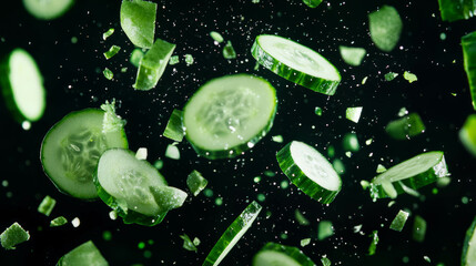 Poster - Fresh cucumber chaos on green backdrop for culinary and health concepts