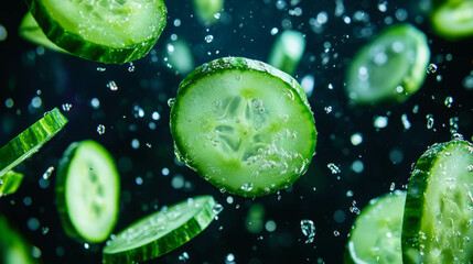 Aufkleber - Fresh sliced cucumber pattern with water droplets for natural background design