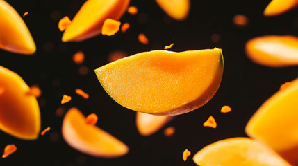 Aufkleber - Dynamic background of falling sliced mangoes and oranges for tropical theme design