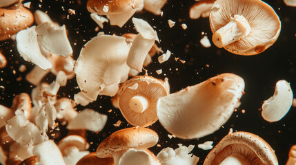 Aufkleber - Fresh mushrooms falling in motion against black background for culinary design