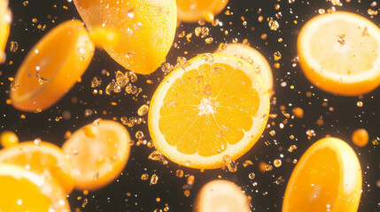 Aufkleber - Vibrant background of falling sliced oranges with soft orange glow for freshness and citrus theme