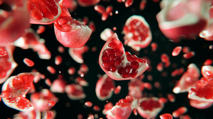 Aufkleber - Vibrant background of falling sliced pomegranates with juicy seeds
