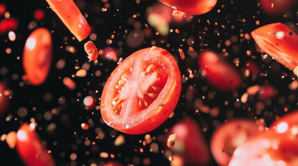 Aufkleber - Fresh sliced tomatoes falling in motion against a dark background