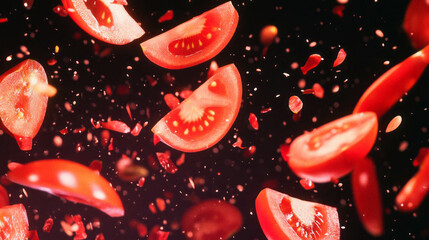 Aufkleber - Fresh sliced falling tomatoes on dark background for food design and culinary art