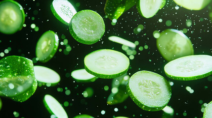 Aufkleber - Fresh green zucchini slices falling against dark background for healthy food design