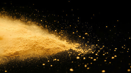 Aufkleber - Vibrant yellow curry powder explosion on black background for culinary design