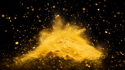 Aufkleber - Dynamic falling yellow curry powder on black background for culinary and spice themes