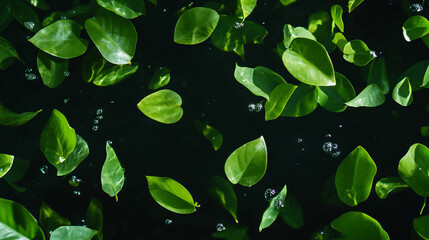 Poster - Lush green leaves floating in minimalist dark background for nature design