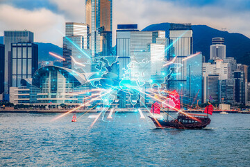 Wall Mural - Hong Kong's iconic skyline blends tradition with futuristic concept. Business growth and growing up in a vibrant, global metropolis are visually represented.