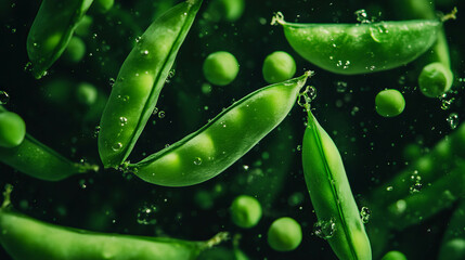 Poster - Fresh green peas and pods floating in water background