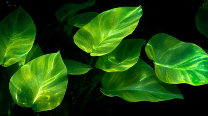 Fototapete - Luminous jade green leaves floating against black background for nature design
