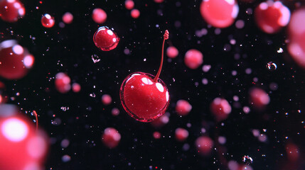 Aufkleber - Vibrant floating red cherries with subtle reflections in dark background