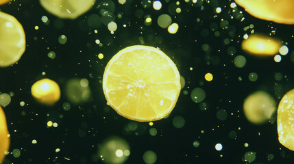 Poster - Refreshing citrus theme with floating lemon slices on a vibrant green background
