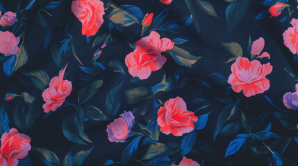 Aufkleber - Vibrant floral pattern on dark fabric background for design and fashion projects