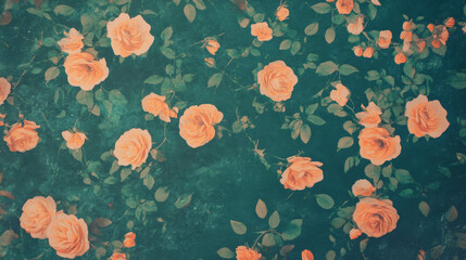 Poster - Vintage floral wallpaper with faded pastel roses on a dark green background for interior design