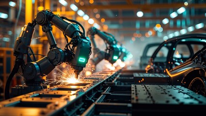 Poster - industrial robots operate on an assembly line in a car manufacturing facility during evening hours