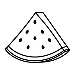 Watermelon slice vector illustration. Hand-drawn doodle style with seeds. Fresh fruit icon. Black outline isolated on white background.
