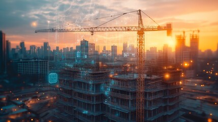 Blurred long-exposure photo of construction site at dusk with cranes in motion, overlaid with holographic data visualizations displaying real-time project analytics, merging technology and industry