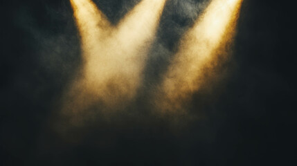 Poster - Dramatic golden light beams breaking through dense dark fog for mysterious ambiance