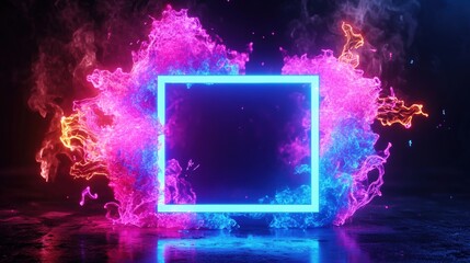 Poster - Neon frame with fire and smoke effects surrounding a blank photo space for creative designs and presentations
