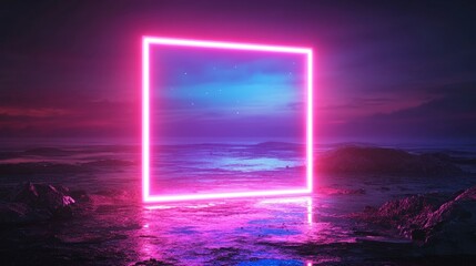 Poster - Pink neon light illuminating a doorway in a dark interior space at night