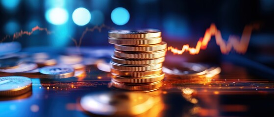 Poster - Stacked Coins Transforming into Digital Data with Abstract Financial Graphs