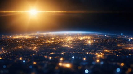 Poster - Global Digital Connections Through a Glowing Map of the Earth at Sunrise