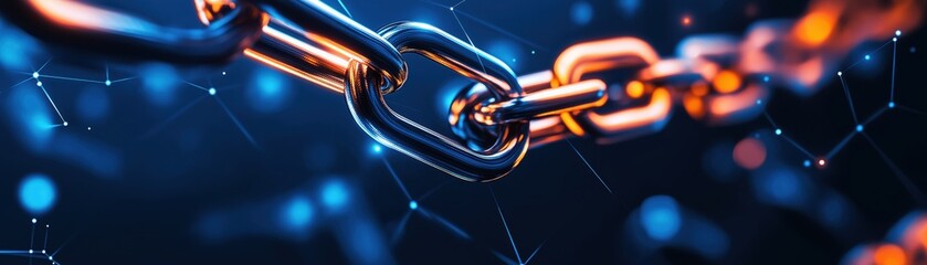 Poster - Heavy Duty Chains Stretching Across Abstract Background with Bright Blue and Orange Hues
