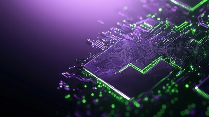 Poster - Circuit board with illuminated green and purple lights showcasing electronic components and connections