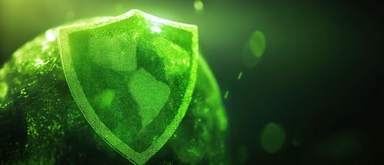 Poster - Digital Green Shield Protecting Earth with Bright Glow and Sparkling Particles