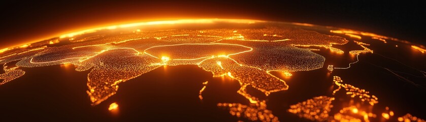 Poster - Global Network of Interconnected Cities with Lights and Orange Glow at Night