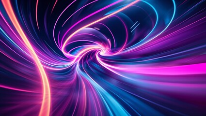 Poster - Colorful light tunnel swirling with vibrant neon patterns at night, creating a captivating visual experience