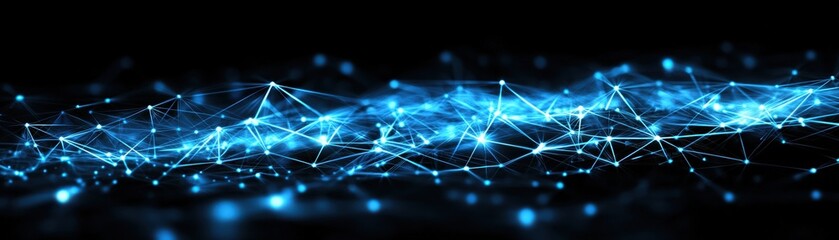 Fototapete - Abstract blue lines and dots pattern on a black background creating a modern digital design