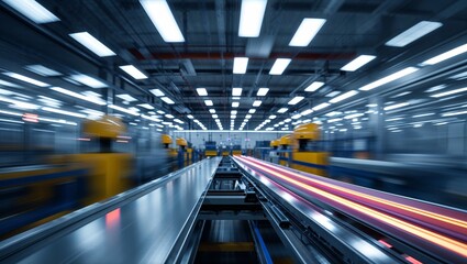 Poster - conveyor belt system in a modern manufacturing facility operating during the day
