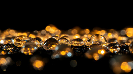 Poster - Luminous gold light reflections on glass beads against dark background