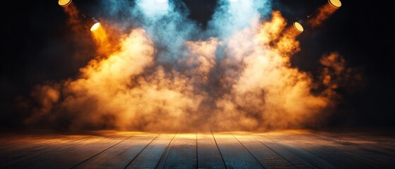Poster - Wooden floor stage with stage lights and photography equipment for performance or event setup