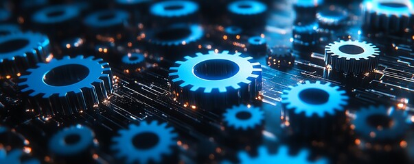 Blue gears in a futuristic digital layout, dark background with glowing neon lines, abstract technology theme, dynamic motion, highdefinition 8K quality