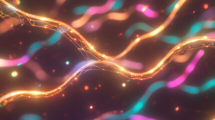 Poster - Neon illuminated golden spiderweb on vibrant background for modern design