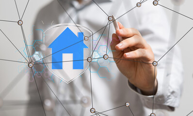 Poster - home iot - Neural network 3D illustration. Big data and cybersecurity