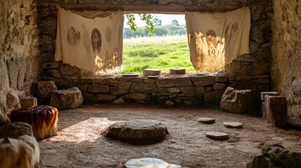 Ancient Stone Chamber with Fabric Hangings and Pastoral View