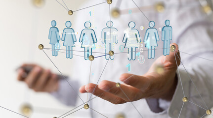 Poster - holding 3D rendering group of blue people