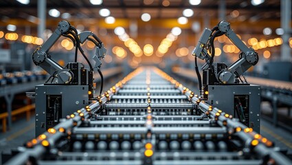 Poster - automation in a modern warehouse showcasing robotic arms handling packages on a conveyor belt system
