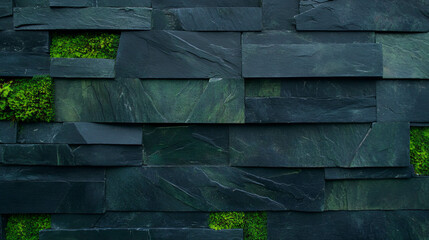 Poster - Rustic green stone wall with moss for organic design and texture backgrounds